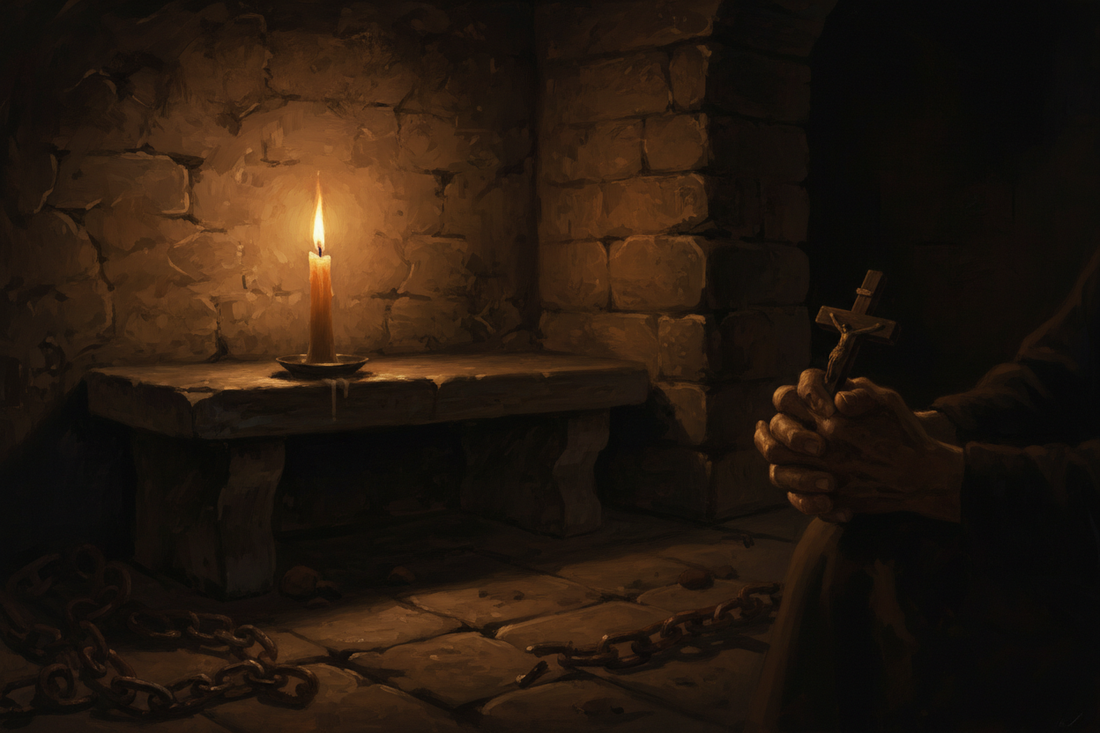 A lit candle glowing in a dark prison cell at midnight with broken chains on the floor, symbolizing praise and faith in the waiting